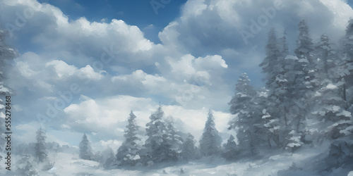 Winter landscape with pines, snow, and clouds