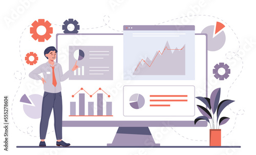 Setup analytics concept. Man stands in front of computer monitor and looks at graphs and charts. Programmer and IT specialist. Modern technologies and digital world. Cartoon flat vector illustration