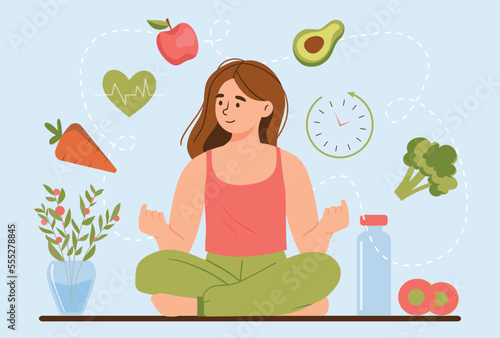 Woman on diet. Girl in lotus position near icons with natural and organic products. Vegetables and fruits. Health care and active lifestyle. Nutrition and sports. Cartoon flat vector illustration
