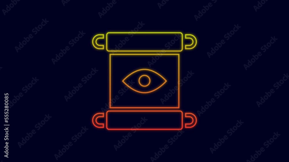 Glowing neon line Magic scroll icon isolated on blue background. Decree, paper, parchment, scroll icon. 4K Video motion graphic animation Glowing neon line Magic scroll icon isolated on blue background. Decree, paper, parchment, scroll icon. 4K Video motion graphic animation