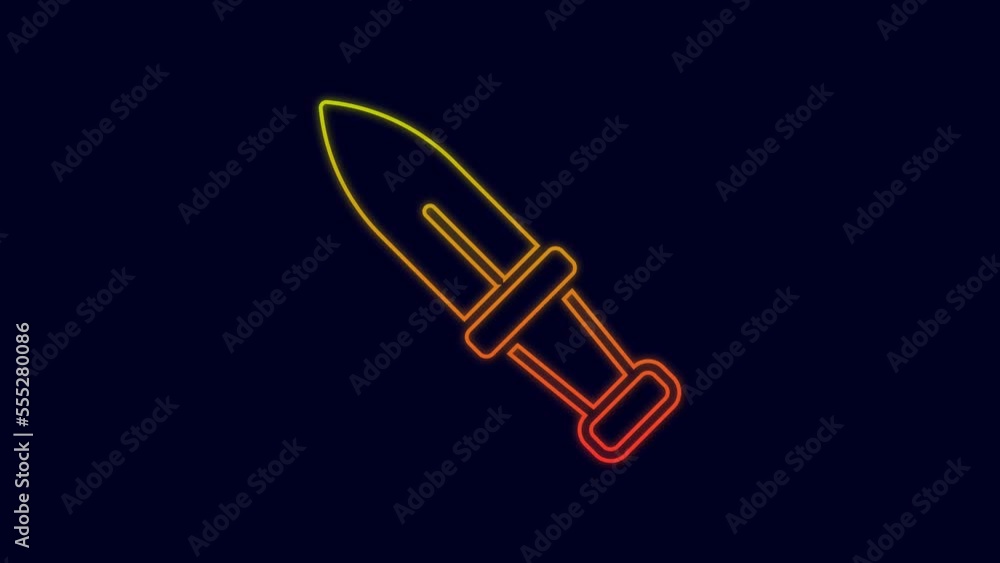 Glowing neon line Dagger icon isolated on blue background. Knife icon. Sword with sharp blade. 4K Video motion graphic animation Glowing neon line Dagger icon isolated on blue background. Knife icon. Sword with sharp blade. 4K Video motion graphic animation