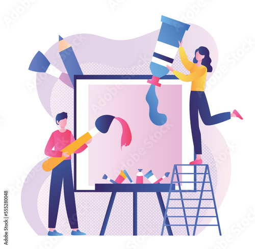 Artists painting concept. Creativity and art, teamwork. Man and woman with paints draw abstract picture. Development of creative skills. Freelancers and designers. Cartoon flat vector illustration