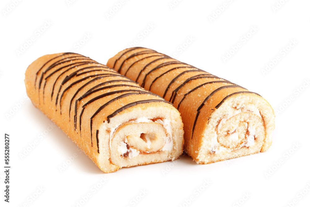 Delicious sponge cake rolls isolated on white background Delicious sponge cake rolls isolated on white background
