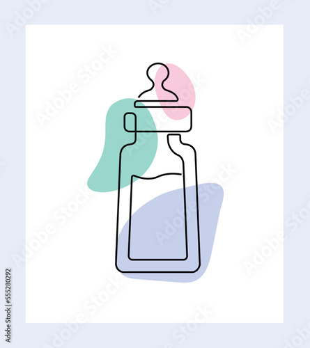 Baby bottle milk line. Graphic element for printing on fabric. Food in plastic container, healthy food and natural products. Childhood and parenthood concept. Cartoon flat vector illustration