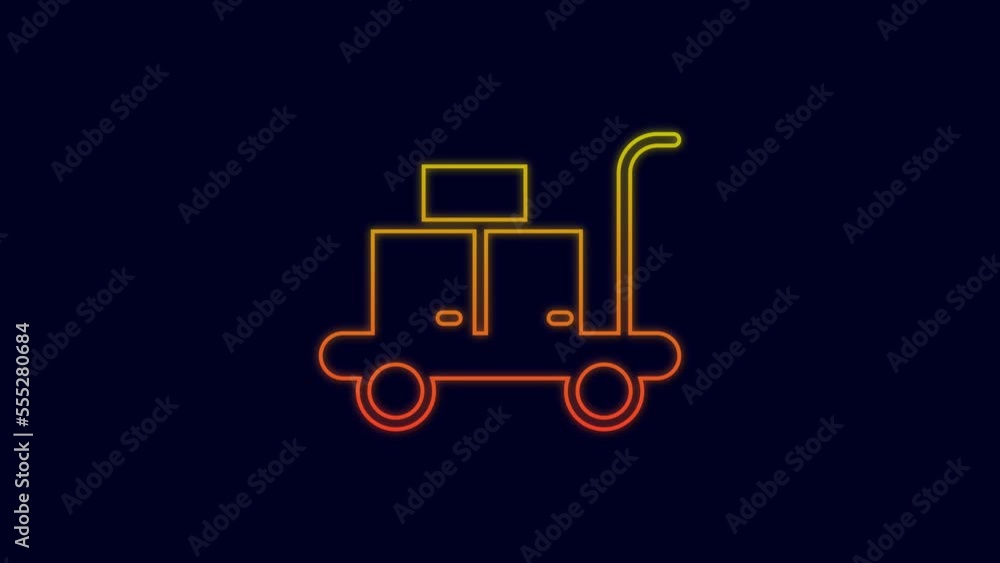 Glowing neon line Trolley suitcase icon isolated on blue background. Traveling baggage sign. Travel luggage icon. 4K Video motion graphic animation Glowing neon line Trolley suitcase icon isolated on blue background. Traveling baggage sign. Travel luggage icon. 4K Video motion graphic animation