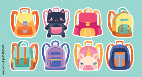 Backpacks stickers set. Collection of graphic elements for website, bags for hiking and camping, childrens accessories for school. Cartoon flat vector illustrations isolated on blue background