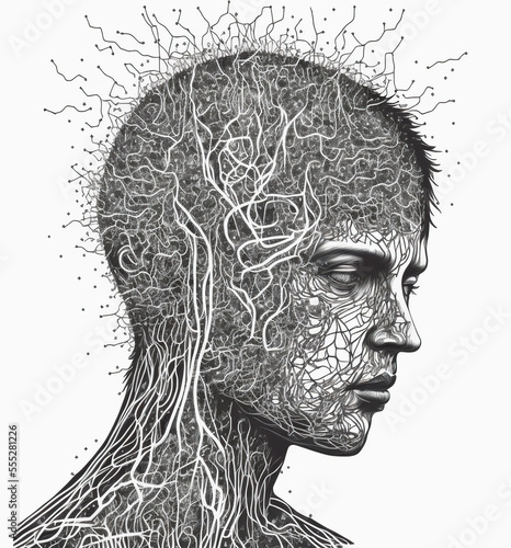 profile of a person´s head full of cables wires conexions, gears, generative ai, artificial intelligence, black and white photo