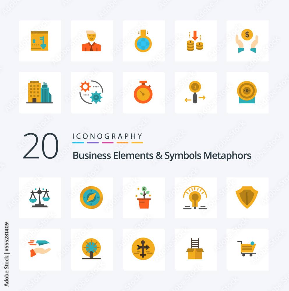 20 Business Elements And Symbols Metaphors Flat Color icon Pack like sheild light bulb growing light plant