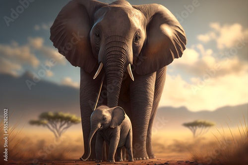 Elephant mother and her calf happy together in a daytime scene in the wild  realistic digital illustration suitable for representing mother strength and mother s day