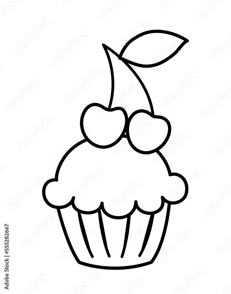 Simple icon of bakery. Line sticker with delicious sweet pastry or dessert. Vanilla cupcake and cherry. Design element for interfaces. Cartoon flat vector illustration isolated on white background Simple icon of bakery. Line sticker with delicious sweet pastry or dessert. Vanilla cupcake and cherry. Design element for interfaces. Cartoon flat vector illustration isolated on white background