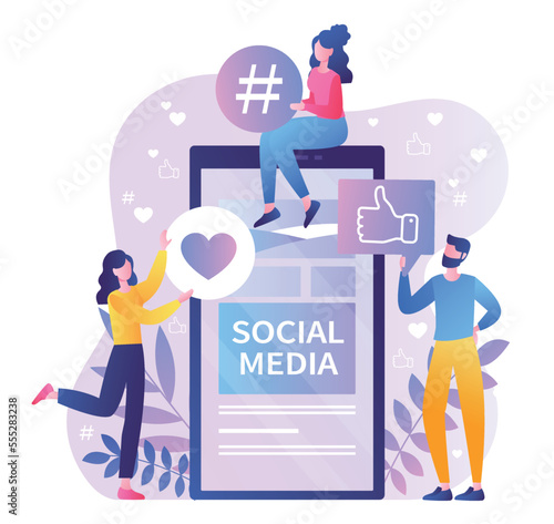 Social media concept. Men and women with reactions, communication on Internet. Modern technologies and digital world. Gadgets and devices. Poster or banner for site. Cartoon flat vector illustration