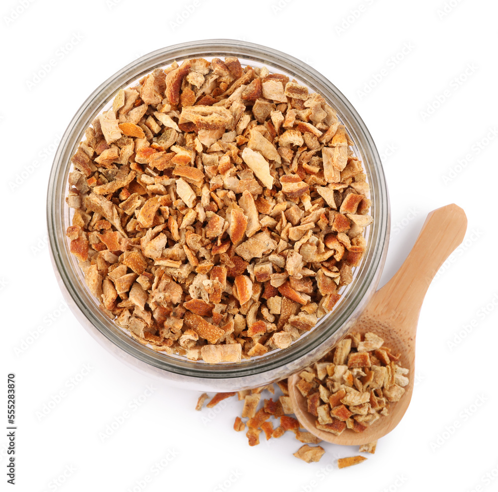 Bowl and spoon of dried orange zest seasoning isolated on white, top view Bowl and spoon of dried orange zest seasoning isolated on white, top view