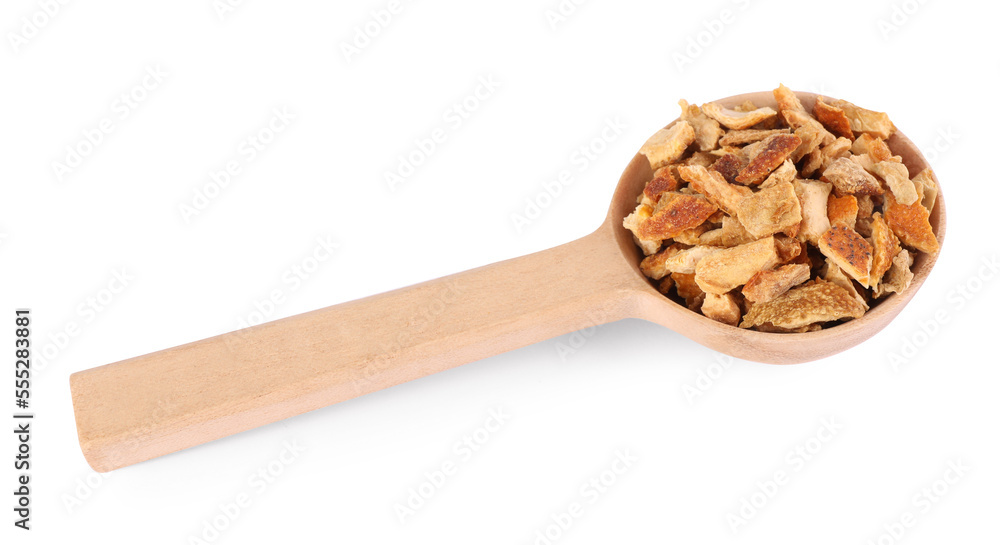Spoon with dried orange zest seasoning isolated on white Spoon with dried orange zest seasoning isolated on white