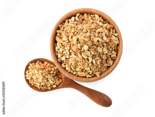 Bowl and spoon with dried orange zest seasoning isolated on white, top view