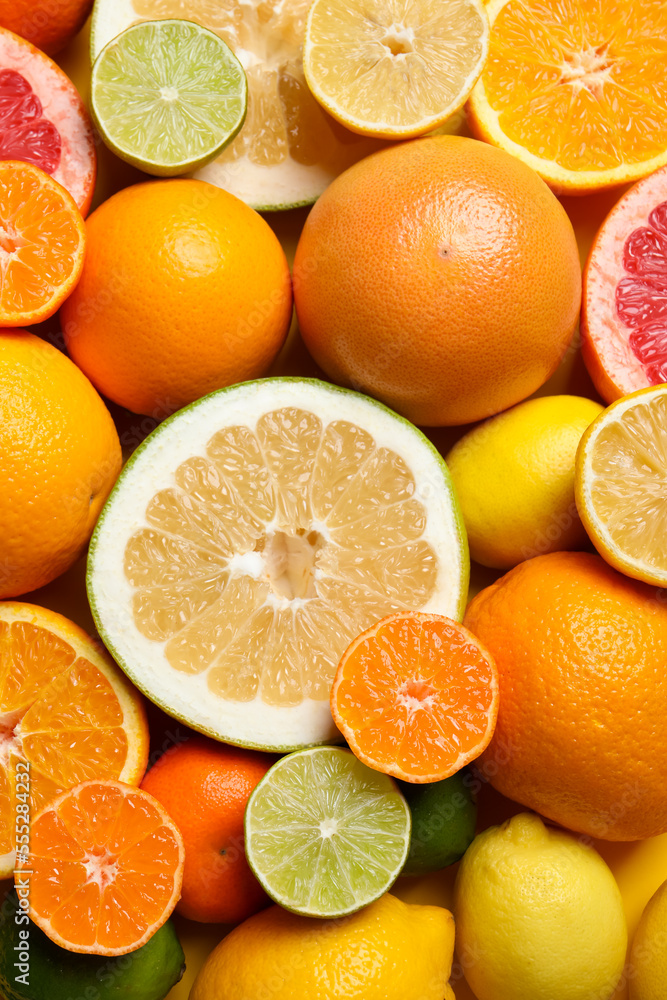 Different ripe citrus fruits as background, top view Different ripe citrus fruits as background, top view
