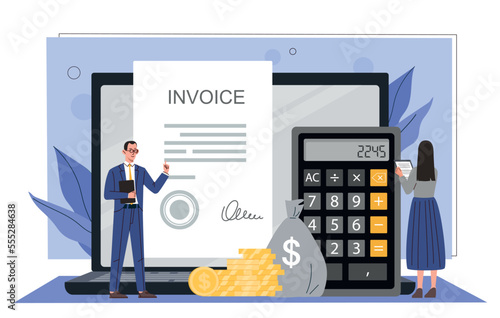 Prepare bill on computer. Young guy and woman next to calculator on background of planet. Modern technologies and digital world, budgeting and financial literacy. Cartoon flat vector illustration