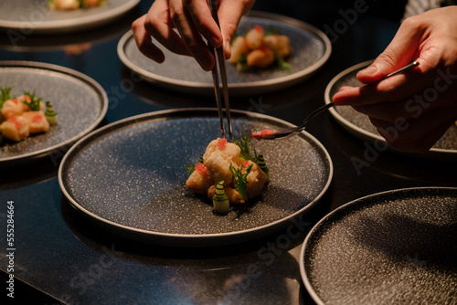 Close up of a chef's hand cooking and preparing fine dining meals. Food prepping in the kitchen.