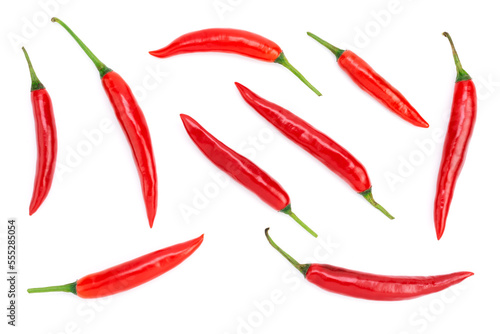 Fresh red chilies, paprika, hot, spice mix, Mexican paprika cayenne, organic plants, healthy vitamins. isolated on white background - top view