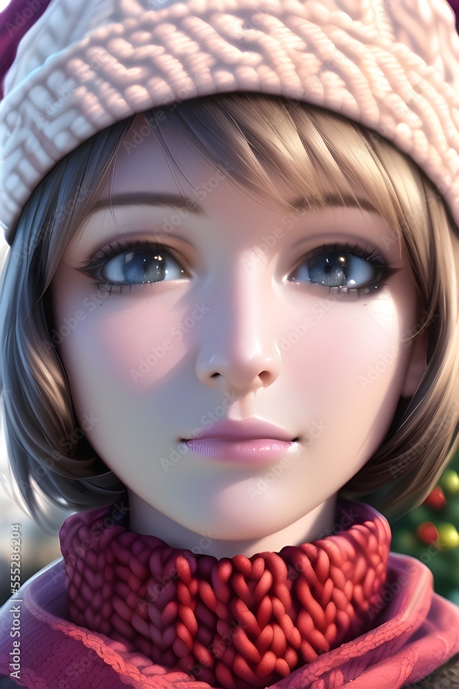 Beautiful woman portrait in front of a winter christmas tree Knit Turtleneck fleece Hat scarf in anime style digital painting illustration Beautiful woman portrait in front of a winter christmas tree Knit Turtleneck fleece Hat scarf in anime style digital painting illustration