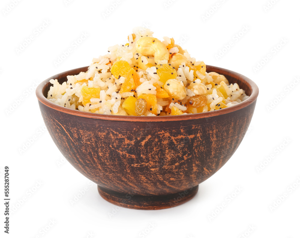 Bowl of rice Kutya on white background Bowl of rice Kutya on white background