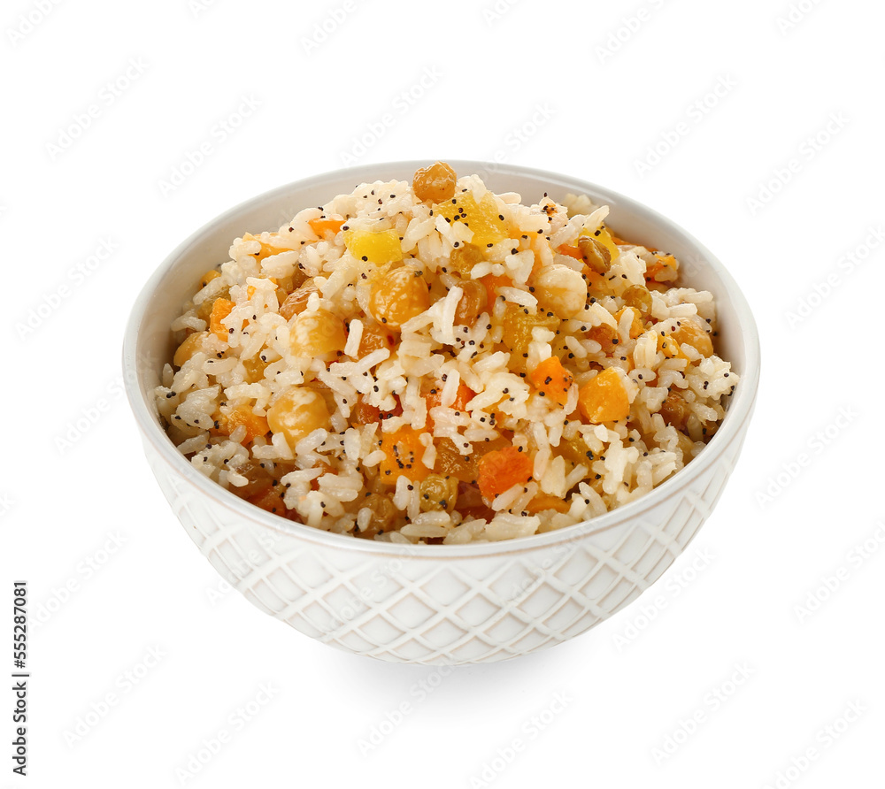Bowl of rice Kutya on white background Bowl of rice Kutya on white background