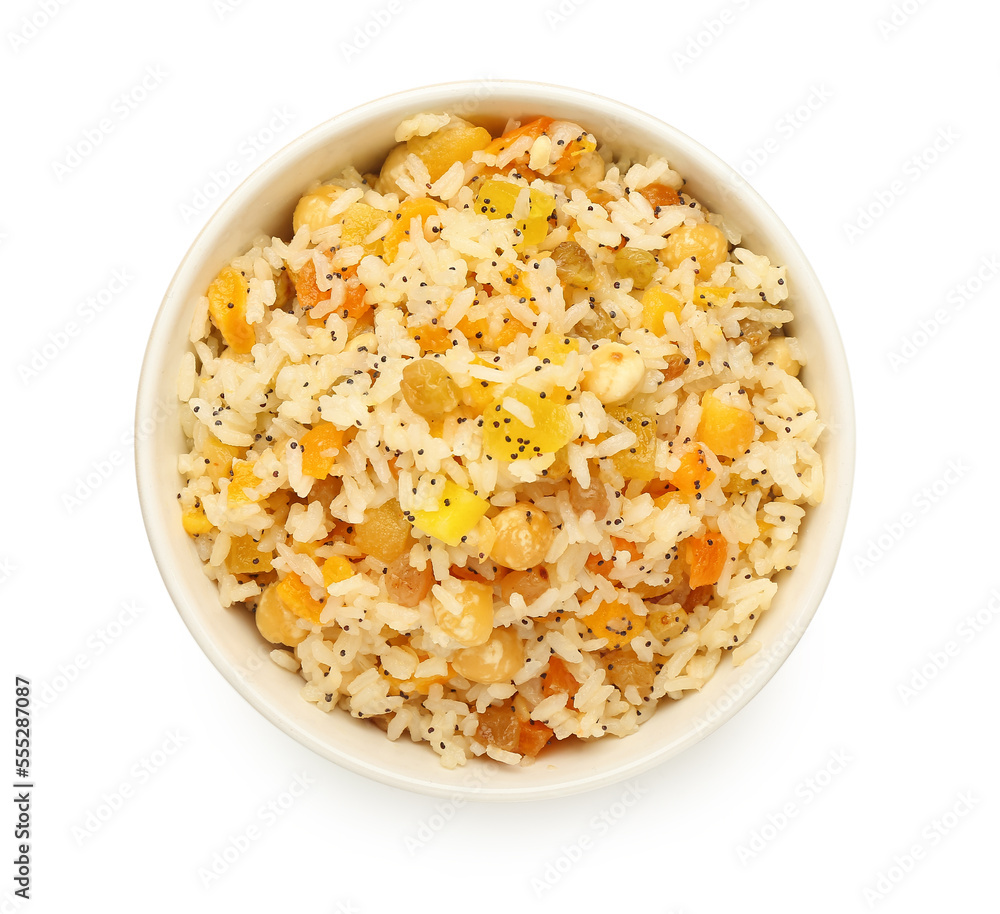 Bowl of rice Kutya on white background, top view