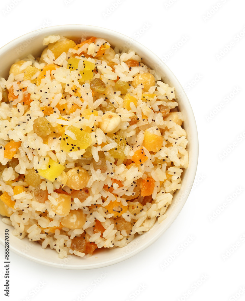 Bowl of rice Kutya on white background, top view Bowl of rice Kutya on white background, top view
