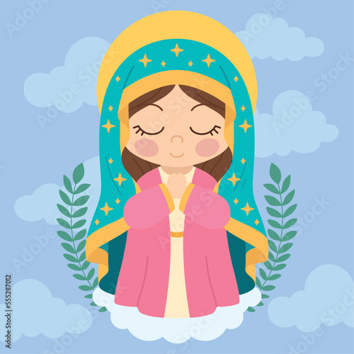 Isolated cute virgin mary character with flora ornaments Vector illustration