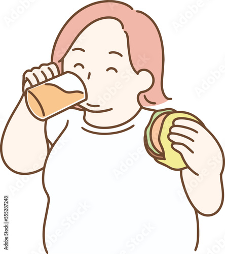 飲酒にカロリーの高い食べ物を食べるふくよかな女性　シンプルイラスト