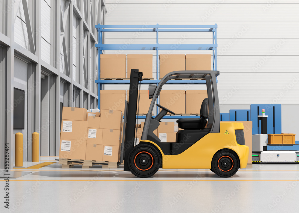 Electric forklift loading goods to truck. Interior view in modern distribution center. 3D rendering image. Electric forklift loading goods to truck. Interior view in modern distribution center. 3D rendering image.
