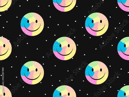 Smile cartoon character seamless pattern on black background