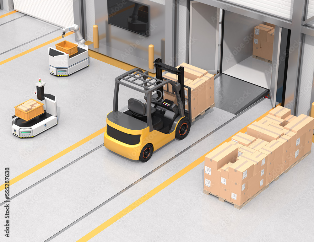 Electric forklift loading goods to truck. AGV robot and cardboard boxes ...