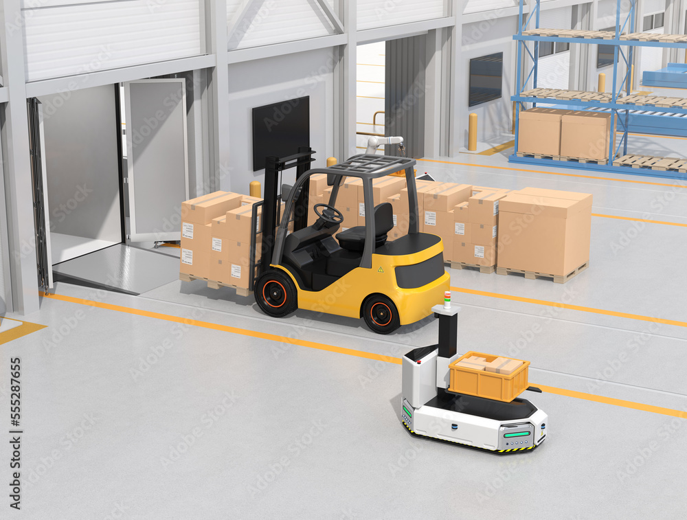 Electric forklift loading goods to truck. AGV robot and cardboard boxes ...