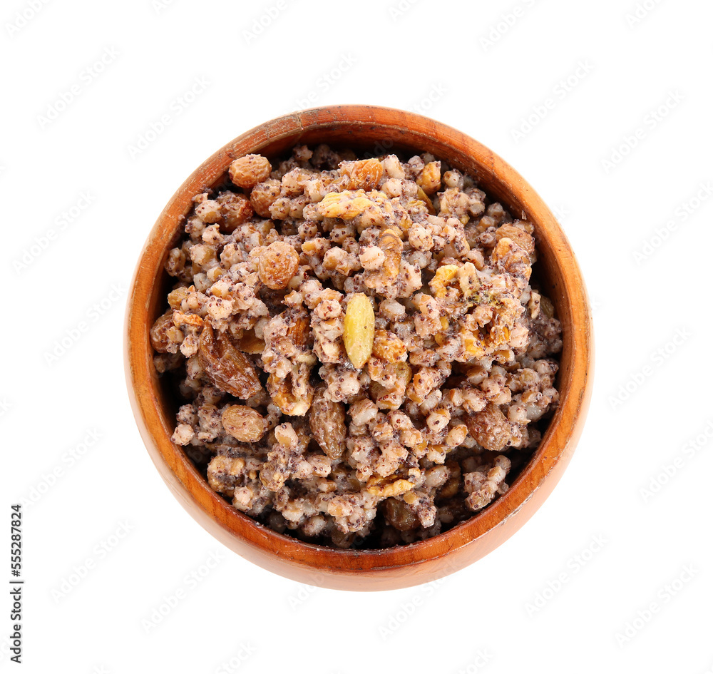 Bowl of Kutya on white background, top view Bowl of Kutya on white background, top view