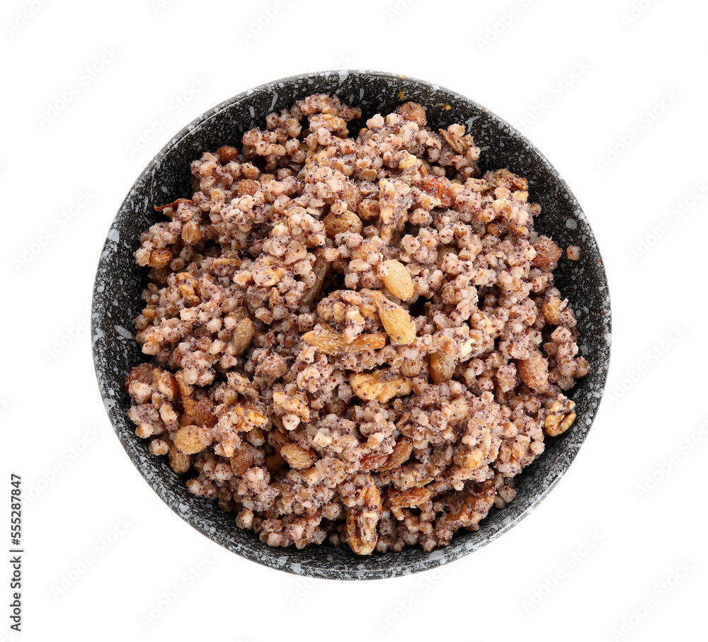 Plate of Kutya on white background, top view