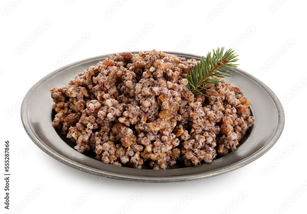 Plate of Kutya with Christmas branch on white background Plate of Kutya with Christmas branch on white background