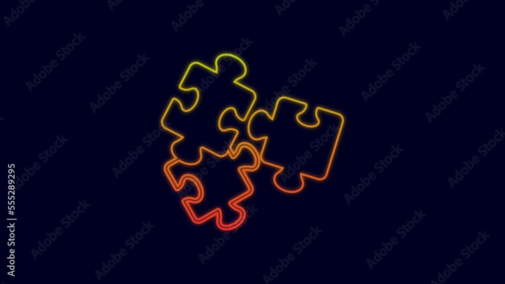 Glowing neon line Puzzle pieces toy icon isolated on blue background. 4K Video motion graphic animation