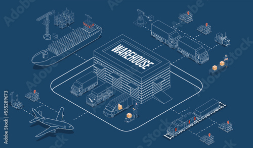 3D isometric Global logistics solutions concept with Smart Logistics, Business logistics, Warehouse Logistic, Online delivery, Export and Import. Vector illustration eps10