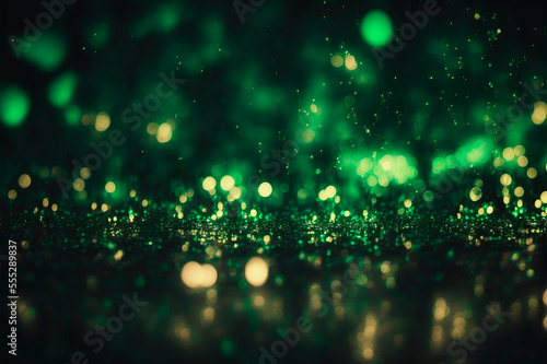 Abstract festive, background with glitter and defocused bokeh, all in green hues, Merry Christmas and Happy New Year