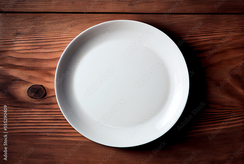 Blank white dish on a wood background image created with Generative AI technology. Blank white dish on a wood background image created with Generative AI technology.