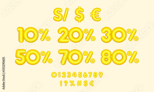 números con porcentaje y efecto 3d color amarillo, 10%, 15%, 20%, 25%, 30%, 35%, 40%, 45%, 50%, 55%, 60%, 65%70%, 75%, 80%, 85%, 90%, 95%.