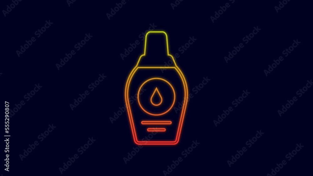 Glowing neon line Bottle of shampoo icon isolated on blue background. 4K Video motion graphic animation Glowing neon line Bottle of shampoo icon isolated on blue background. 4K Video motion graphic animation