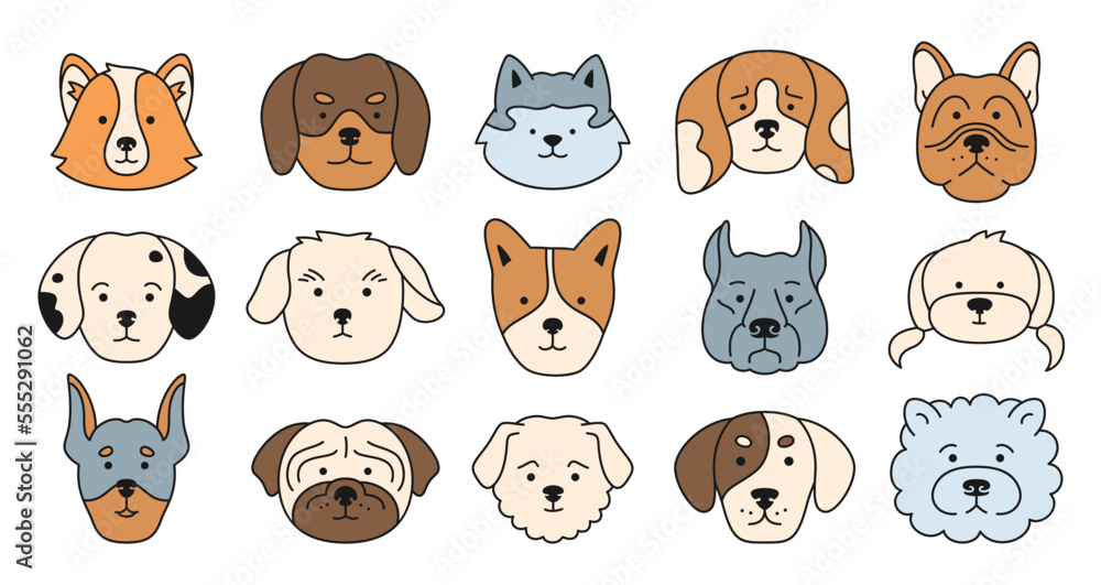 Obraz premium Dog faces emotion cartoon outline character set. Cute puppy kawaii head muzzle doodle icon. Smiling funny childish doggy pet baby comic flat sticker. Illustration template for kid card, poster, cover