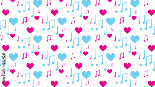 The vectors illustration pattern of pink red love heart with blue and pink colored musical notes background