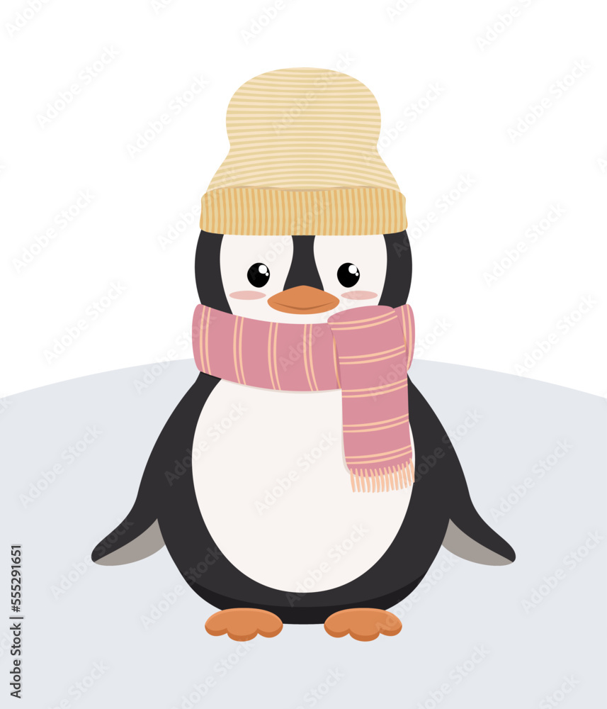Pingwin w ciepłej wełnianej czapce i szaliku w paski. Urocza zimowa ilustracja. Wektorowa ilustracja w płaskim stylu.	 - obrazy, fototapety, plakaty 
