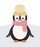 Pingwin w ciepłej wełnianej czapce i szaliku w paski. Urocza zimowa ilustracja. Wektorowa ilustracja w płaskim stylu. 