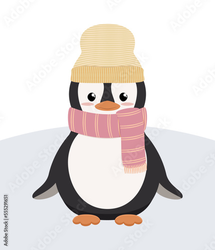 Pingwin w ciepłej wełnianej czapce i szaliku w paski. Urocza zimowa ilustracja. Wektorowa ilustracja w płaskim stylu. 