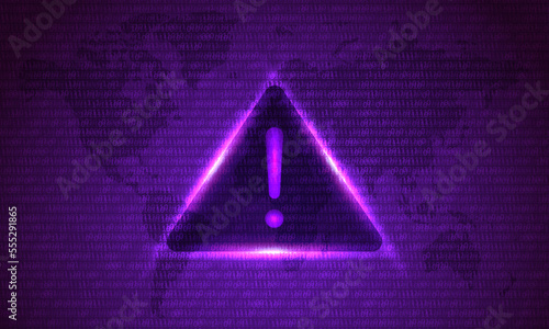 Attention Danger Hacking. Symbol on Map Dark Purple Background. Security protection Malware Hack Attack Data Breach Concept. System hacked error, Attacker alert sign computer virus. Ransomware. Vector