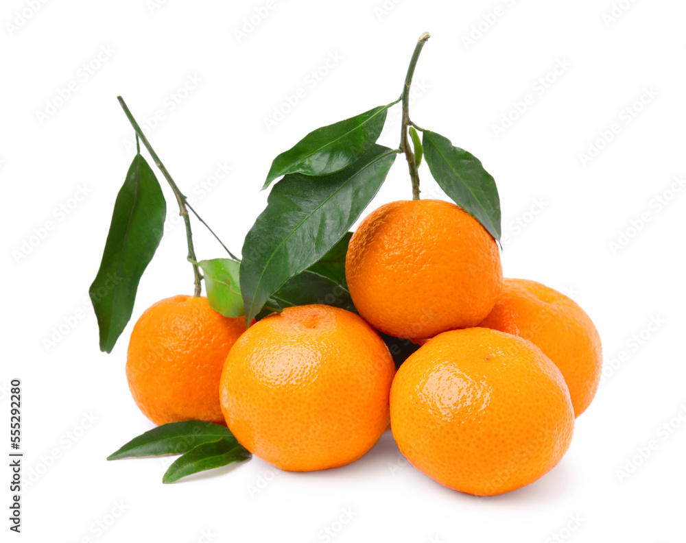 Fresh ripe juicy tangerines with green leaves isolated on white Fresh ripe juicy tangerines with green leaves isolated on white