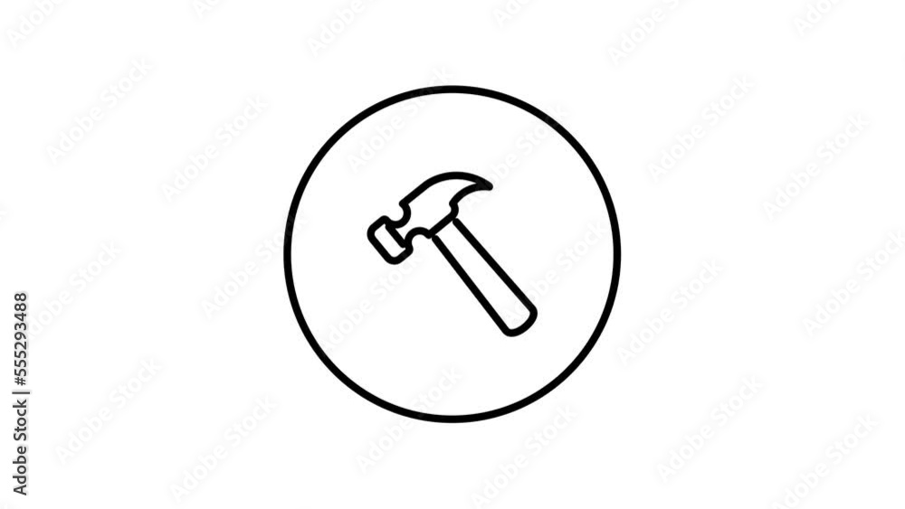 Hammer icon, building tool, outline in circle, black and white drawing button, black and white drawing, icon video animation, self drawing Hammer icon, building tool, outline in circle, black and white drawing button, black and white drawing, icon video animation, self drawing